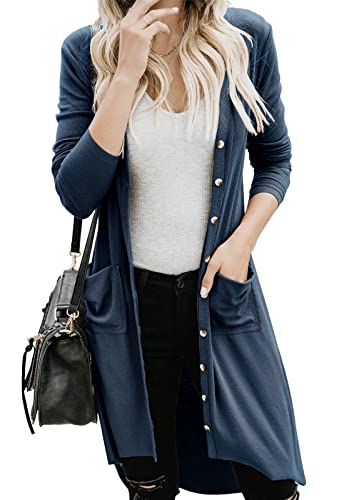 Alaster Queen Womens Open Front Cardigan Button Down High Low Hem Knitted Cardigan Outwear with Pockets Blue