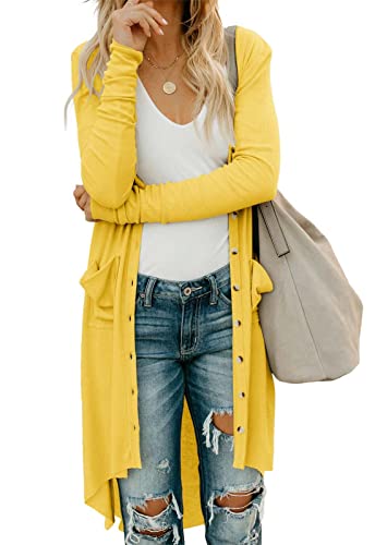 Alaster Queen Womens Open Front Cardigan Button Down High Low Hem Knitted Cardigan Outwear with Pockets Yellow