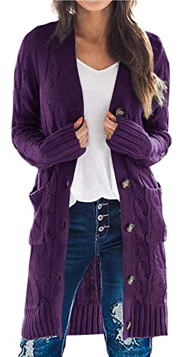 Yellow Cardigan - PRETTYGARDEN Long Sleeve Cable Knit Long Cardigan for Women 2024 Fall Winter Chunky Open Front Button Sweaters with Pockets Deep Purple