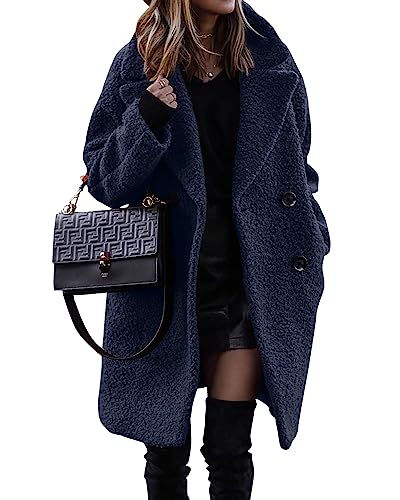 Blue Coat - BTFBM Women 2024 Winter Faux Fur Coats Lapel Long Sleeve Fuzzy Fleece Outerwear Button Down Sherpa Jackets Fall Outfits Solid Navy