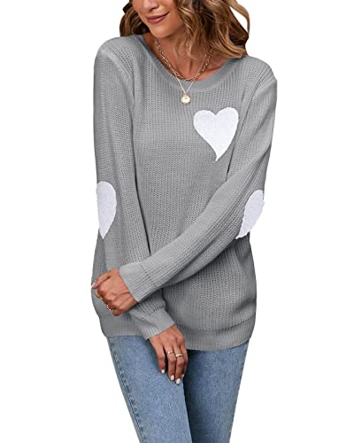 Heart Shirt - shermie Womens Cute Heart Pattern Elbow Patchwork Knitted Sweaters Long Sleeve Crew Neck Casual Pullover T-grey