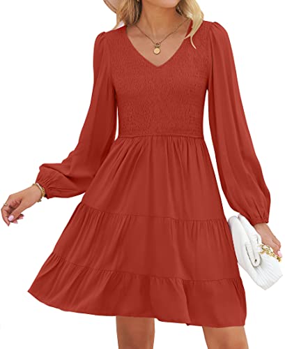 ZESICA Womens Casual V Neck Long Sleeve Smocked High Waist Ruffle A Line Tiered Mini Dress Red