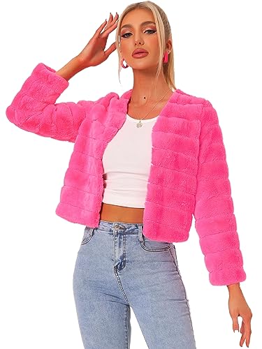 Hot Pink Fur Coat - Allegra K Womens Winter Warm Cropped Jacket Collarless Faux Fur Fluffy Coat Hot Pink