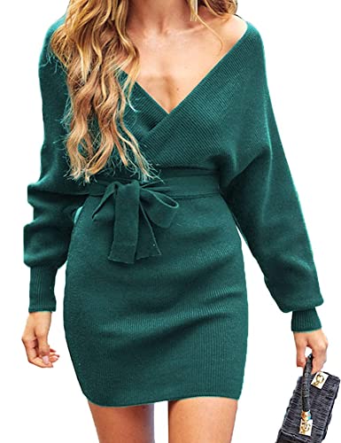 Christmas Party Dress - ZESICA Womens 2024 Fall Long Batwing Sleeve Wrap V Neck Knitted Backless Bodycon Pullover Sweater Dress with Belt