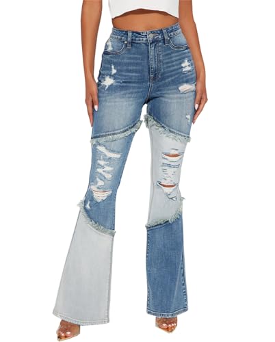 Rfm Jeans - SheKiss Boyfriend Stretchy Jeans for Women Distressed Frayed High Waisted Trendy Denim Blue Jeans Blue711