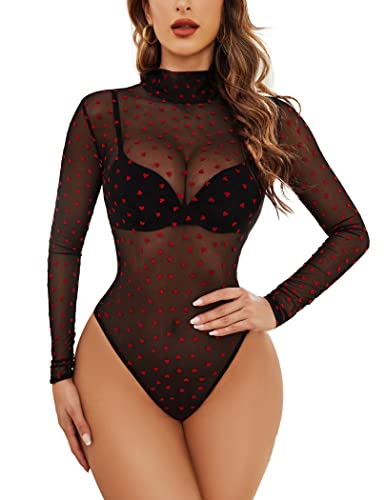 Heart Shirt - Avidlove Long Sleeve Bodysuit for Women Turtleneck Sheer Mesh Bodysuit Geo Print Leotards