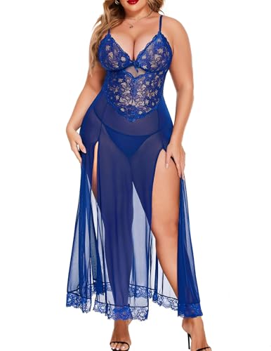 Valentine's Day - Plus Size Lingerie For Women Babydoll Sexy Mesh Maxi Nightdress Strappy Exotic Sleepwear Side Slits Blue