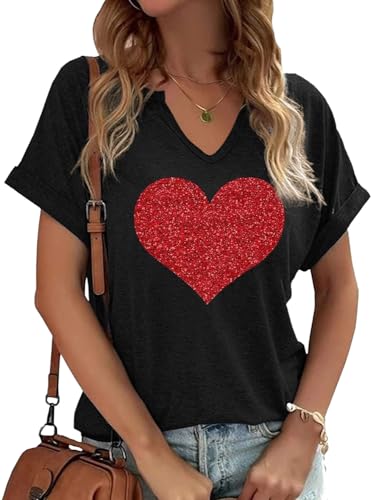 Heart Shirt - Earlymemb Womens Lover Heart Graphic V Neck Shirt Valentines Day Funny Couple Matching Casual Short Sleeve Gift Tee Tops B-black-3