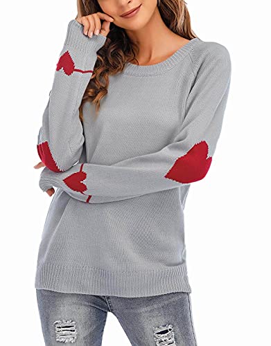 Heart Shirt - shermie Womens Cute Heart Pattern Elbow Patchwork Knitted Sweaters Long Sleeve Crew Neck Casual Pullover B Grey