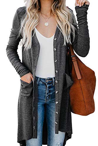 Alaster Queen Womens Open Front Cardigan Button Down High Low Hem Knitted Cardigan Outwear with Pockets Dark Grey