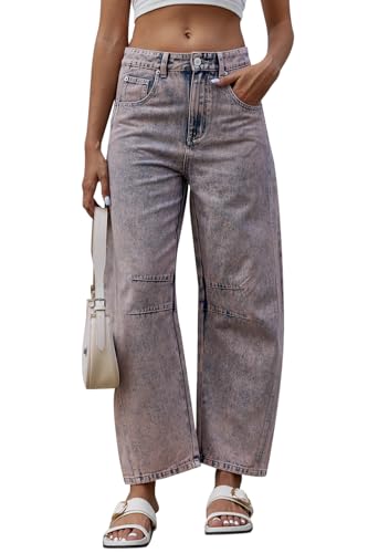 Rfm Jeans - Mid Rise Barrel Jeans for Women Wide Leg Mid Waist Cropped Denim Pants Y2k Baggy Boyfriend Jeans with Pockets Light Pink