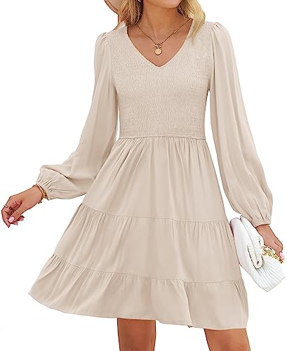 ZESICA Womens Casual V Neck Long Sleeve Smocked High Waist Ruffle A Line Tiered Mini Dress Beige