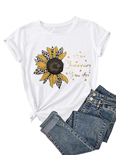 Heart Shirt - SOLY HUX Womens Letter Print Graphic Tees Short Sleeve Tops Casual Summer T Shirt White and Yellow Floral