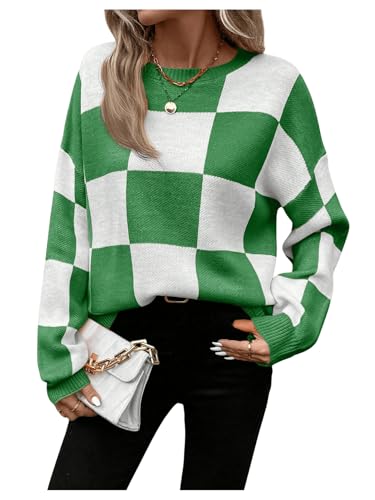 Orange and White Checkered Sweater - GORGLITTER Womens Argyle Checkered Sweater Plaid Long Sleeve Fall Knit Sweater Pullover Tops Green and White