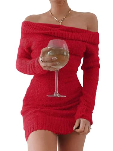 Christmas Party Dress - FAIRY SEASON Womens 2024 Off The Shoulder Sweater Mini Dress Long Sleeve Ribbed Bodycon Pullover Cute Short Dresses