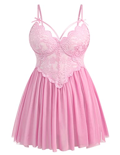 Valentine's Day - Plus Size Lingerie Lace Babydoll Womens Strap Chemise Nightgown V Neck Nighty Mesh Sleepwear Side Slit Nightdress Pink