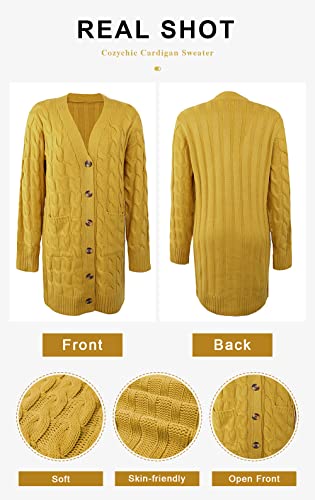 Yellow Cardigan - PRETTYGARDEN Long Sleeve Cable Knit Long Cardigan for Women 2024 Fall Winter Chunky Open Front Button Sweaters with Pockets