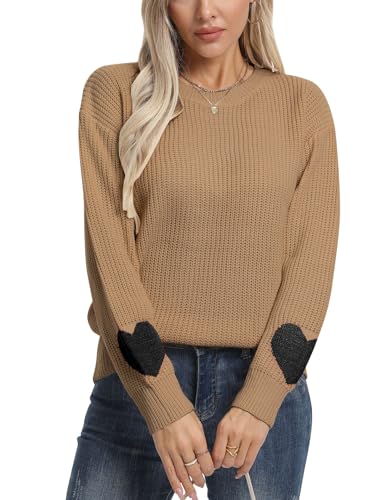 Heart Shirt - shermie Womens Cute Heart Pattern Elbow Patchwork Knitted Sweaters Long Sleeve Crew Neck Casual Pullover V-khaki