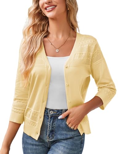 GRACE KARIN Womens 2024 Cropped Cardigan 34 Sleeve Lightweight Crochet Shrug HollowedOut Knit Sweater Tops Light Yellow