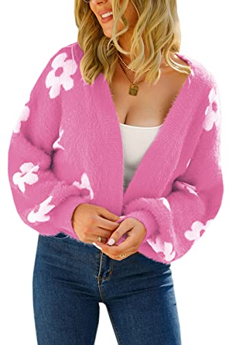 Yellow Cardigan - ECOWISH Women Floral Cropped Cardigan Fall Long Sleeve Open Front Fuzzy Daisy Print Knit Sweaters Casual Y2k Outerwear Pink