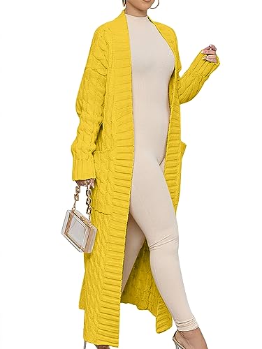 Yellow Cardigan - Caracilia Womens Long Cardigan Sweaters 2024 Fall Open Front Coat Long Sleeve Cable Knit Maxi Outerwear Trendy Jacket Clothes