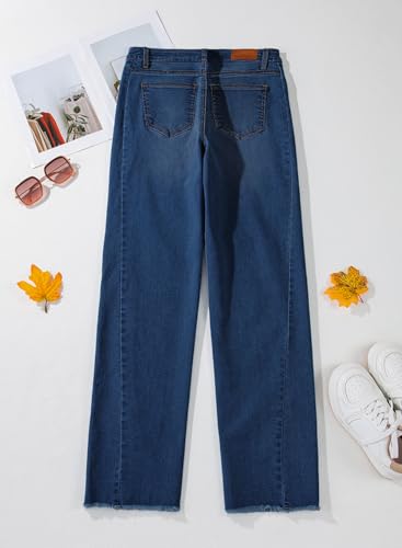 Mom Jeans - Sidefeel Womens Wide Leg Jeans High Waisted Strechy Raw Hem Denim Pants