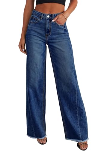 Mom Jeans - Sidefeel Womens Wide Leg Jeans High Waisted Strechy Raw Hem Denim Pants