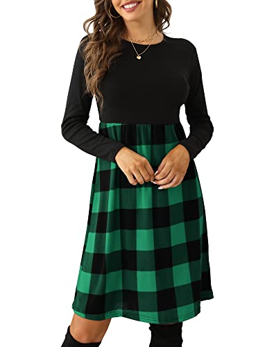 Christmas Green Dress - PALINDA Womens Plaid Long Sleeve Empire Waist Pleated Loose Swing Casual Flare Midi Dress with Belt Green