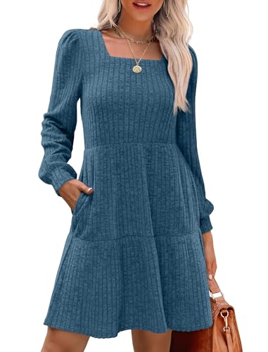 Christmas Green Dress - SAMPEEL Womens Square Neck Long Sleeve Fall Dresses Casual Babydoll Sweater Dress Dark Blue