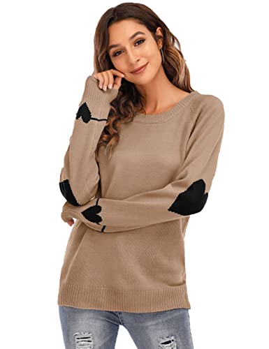 Heart Shirt - shermie Womens Cute Heart Pattern Elbow Patchwork Knitted Sweaters Long Sleeve Crew Neck Casual Pullover B Camel