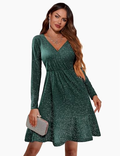 Christmas Party Dress - Zeagoo Long Sleeve Womens Glitter Dress Wrap V Neck Swing Club Cocktail Party Dresses Sequin Sparkle Dress Fall Dress 2024