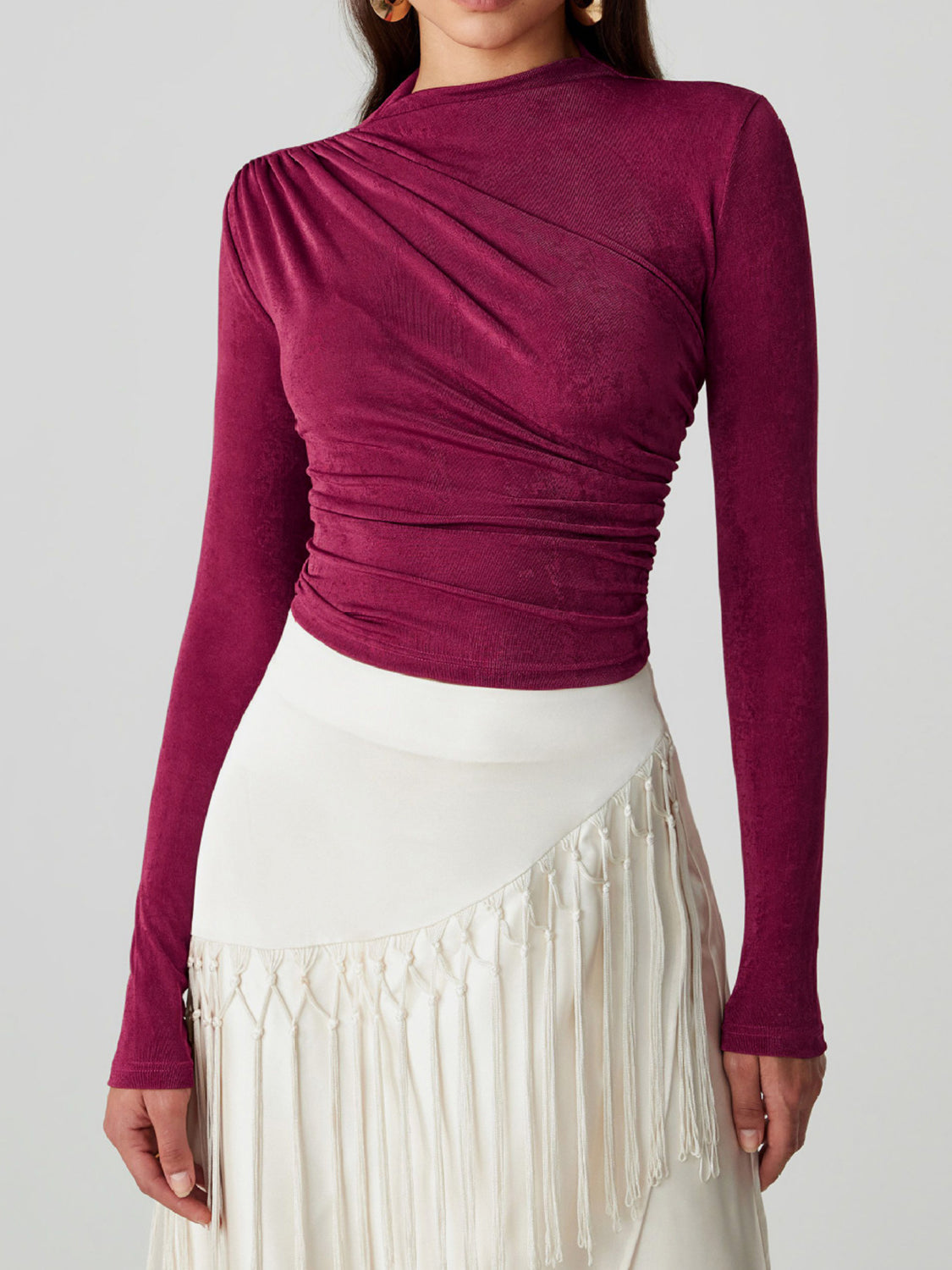 Ruched Mock Neck Long Sleeve T-Shirt Cerise