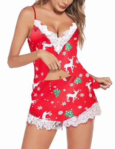 Avidlove Women Pajama Set Lace Trim Short PJ Set Modal V Neck Sleeveless Sleepwear Drawstring Waist Nightwear SXXL Elk Red