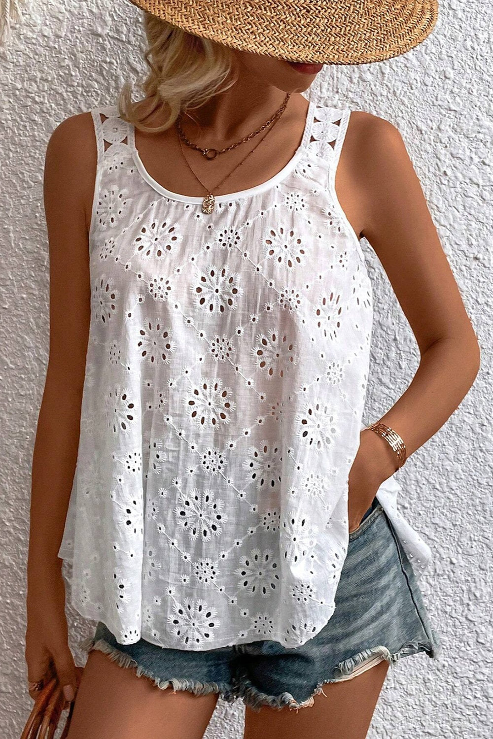 Eyelet Round Neck Wide Strap Tank White