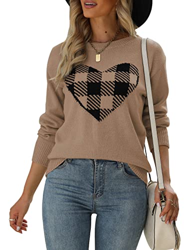 Heart Shirt - shermie Womens Pullover Sweaters Long Sleeve Crew Neck Cute Heart Knitted Casual Sweater B 8176 Camel