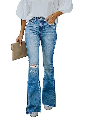 Rfm Jeans - KUNMI Womens Flare Bell Bottom Jeans High Waisted Wide Leg Bootcut Jeans Stretchy Denim Pants Bb007-blue