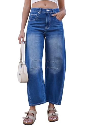 Rfm Jeans - Mid Rise Barrel Jeans for Women Wide Leg Mid Waist Cropped Denim Pants Y2k Baggy Boyfriend Jeans with Pockets Sapphire Blue