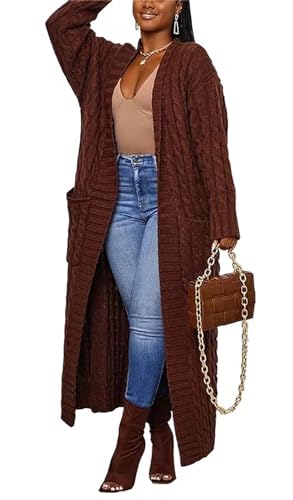 Long Sweaters for Women Cardigan Open Front Long Sleeve Plus Size Chunky Cable Knit Duster Cardigans with Pockets Winter Coat Brown