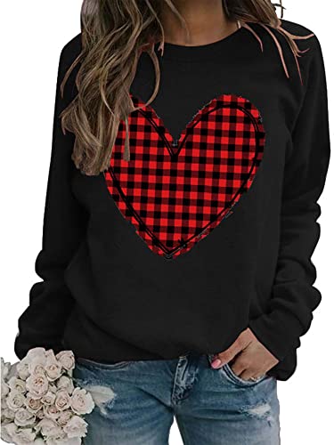 Heart Shirt - Valentines Day Crewneck Pullover Shirts Women Long Sleeve Love Heart Sweatshirts Graphic Lover Gift Mothers Day 01 Black Plaid Heart Small