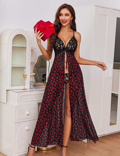 Valentine's Day - Women Lingerie Sexy Lace Babydoll Dress Open Front Sleepwear Long Sheer Nightgowns V Neck Nightwear