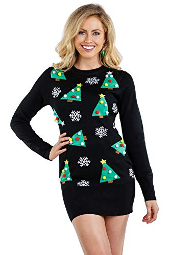 Christmas Green Dress - Tipsy Elves Christmas Sweater Dresses for Women Cute Winter Themed Dresses Instant Holiday Outfits Pom Pom Ornament Tree (Black)