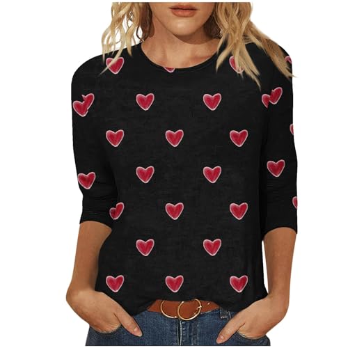 Valentines Day Shirts for Women Aesthetic Cute Love Heart Print TShirt 34 Length Sleeve Tunic Tops Cotton Pullovers Lovee 1#black