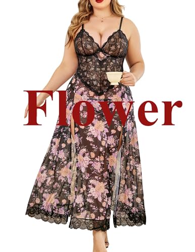 Valentine's Day - Plus Size Lingerie For Women Babydoll Sexy Mesh Maxi Nightdress Strappy Exotic Sleepwear Side Slits Black Floral