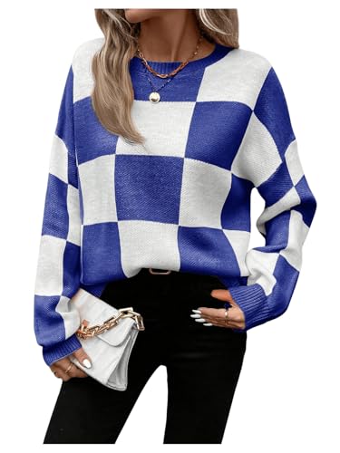 Orange and White Checkered Sweater - GORGLITTER Womens Argyle Checkered Sweater Plaid Long Sleeve Fall Knit Sweater Pullover Tops White and Blue