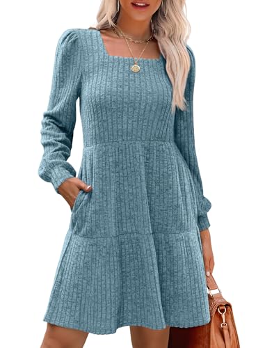 Christmas Green Dress - SAMPEEL Womens Square Neck Long Sleeve Fall Dresses Casual Babydoll Sweater Dress Marine Blue