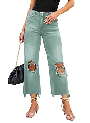 Rfm Jeans - LOLONG High Waisted Ripped Flare Jeans for Women Casual Distressed Pants Lake Green