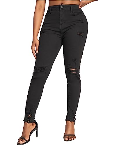 Rfm Jeans - SheKiss Boyfriend Stretchy Jeans for Women Distressed Frayed High Waisted Trendy Denim Blue Jeans Black704