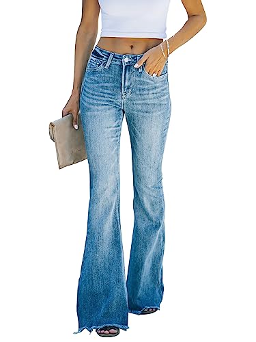 Rfm Jeans - KUNMI Womens Flare Bell Bottom Jeans High Waisted Wide Leg Bootcut Jeans Stretchy Denim Pants Bb001-blue