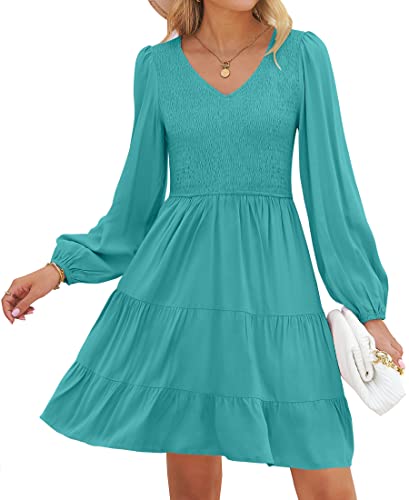 ZESICA Womens Casual V Neck Long Sleeve Smocked High Waist Ruffle A Line Tiered Mini Dress Peacock