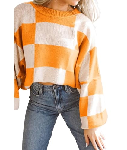 Orange and White Checkered Sweater - Womens Casual CrewNeck Long Sleeve Sweaters Checkered Pullover Knit Sweater Jumper Tops